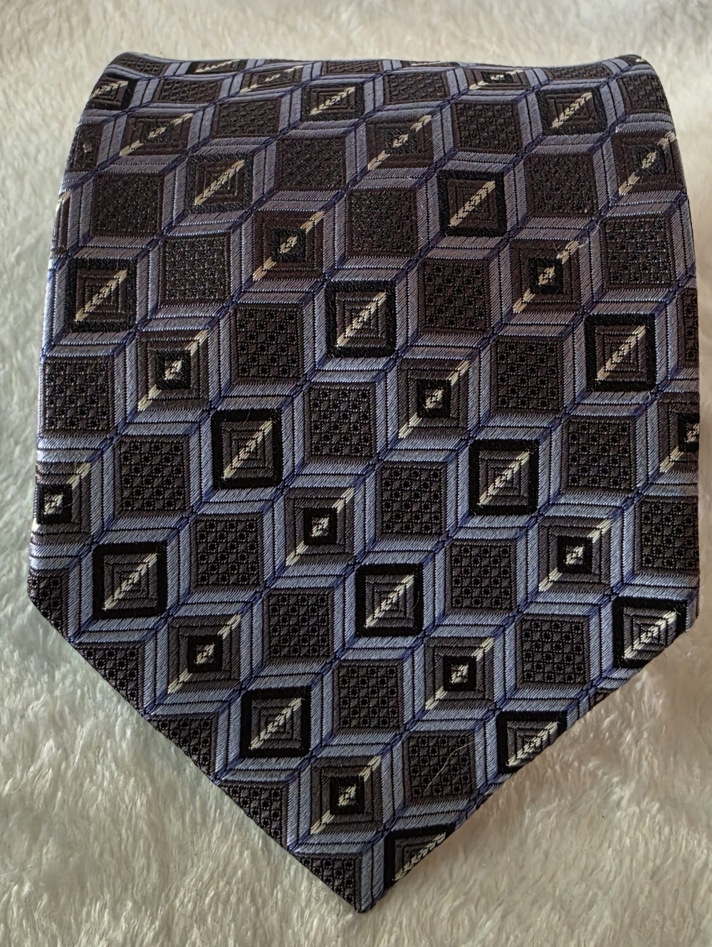 Vintage Pavone Men's Silk Necktie Geometric Squares Silver Blue Black Tie Italy